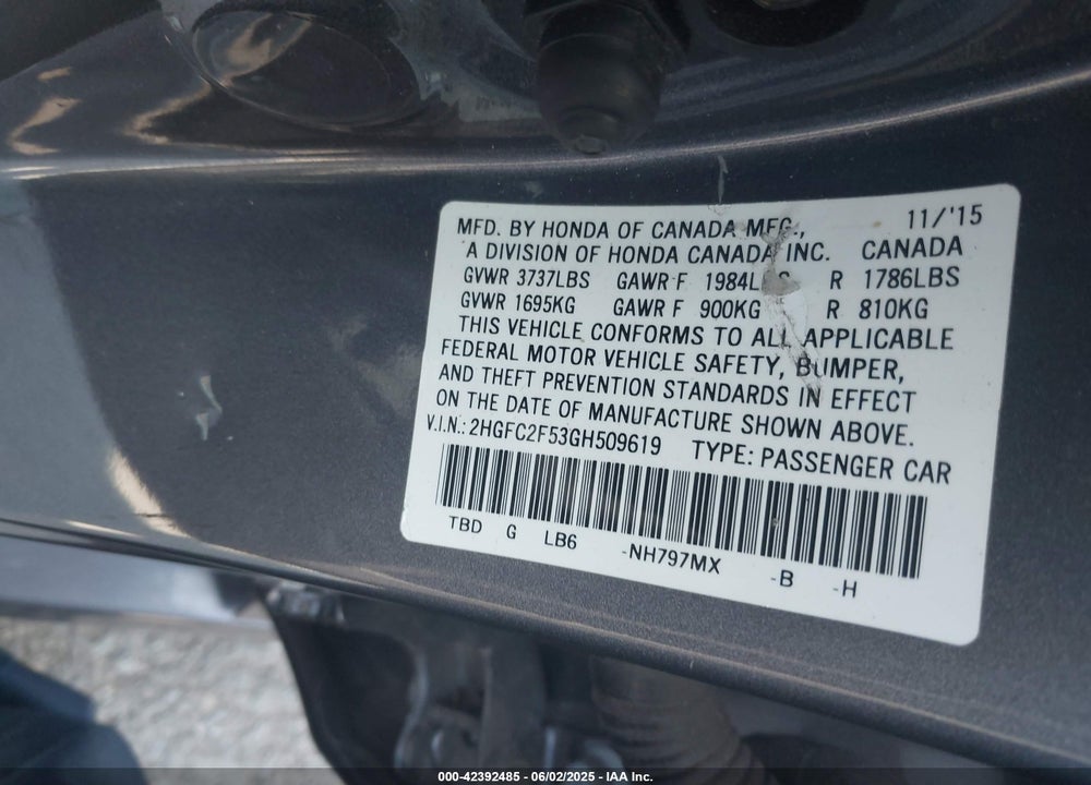 2016 HONDA CIVIC LX VIN: 2HGFC2F53GH509619