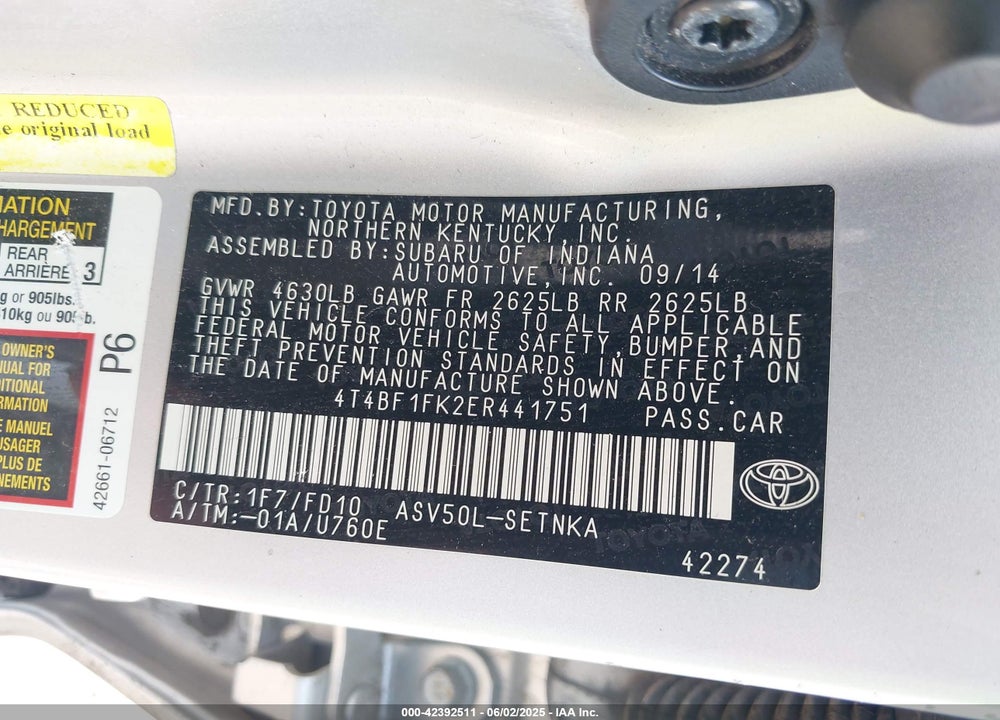 2014 TOYOTA CAMRY VIN: 4T4BF1FK2ER441751