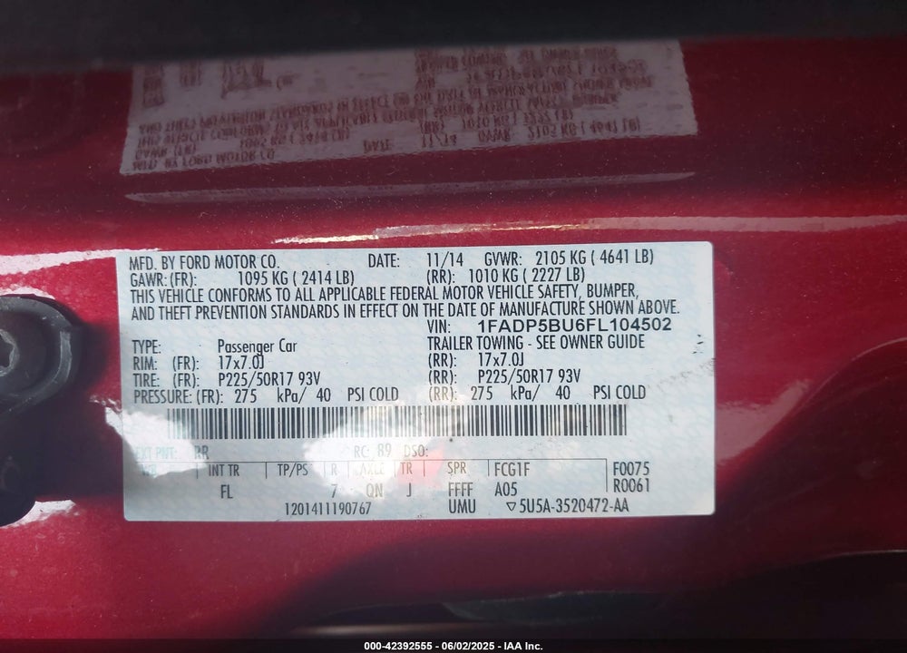 2015 FORD C-MAX HYBRID VIN: 1FADP5BU6FL104502