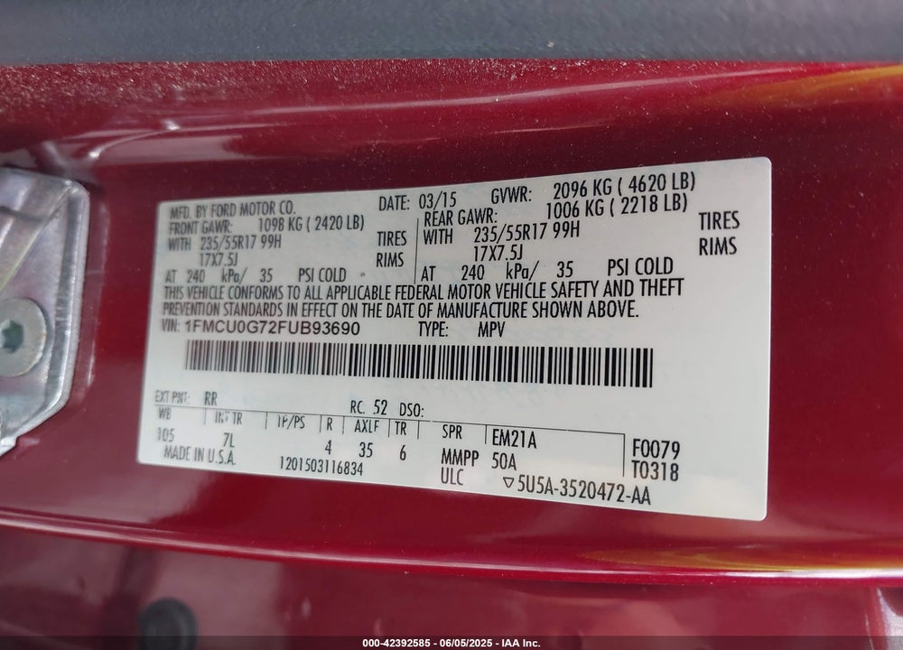 2015 FORD ESCAPE VIN: 1FMCU0G72FUB93690