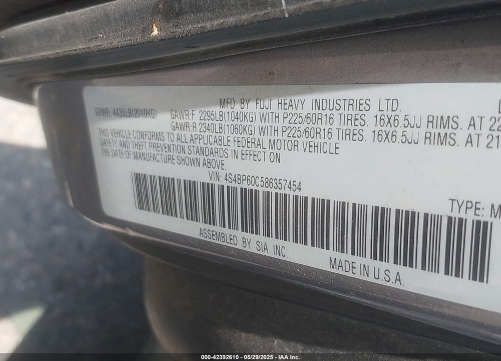 2008 SUBARU OUTBACK VIN: 4S4BP60C586357454