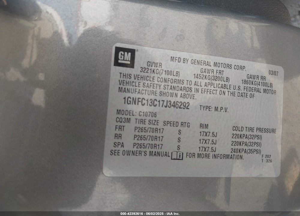 2007 CHEVROLET TAHOE LS VIN: 1GNFC13C17J346292