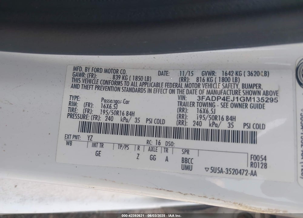 2016 FORD FIESTA VIN: 3FADP4EJ1GM135295