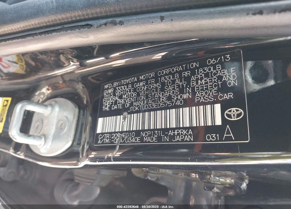 2014 TOYOTA YARIS LE (TMC/CBU PLANT) VIN: JTDKTUD33ED575740