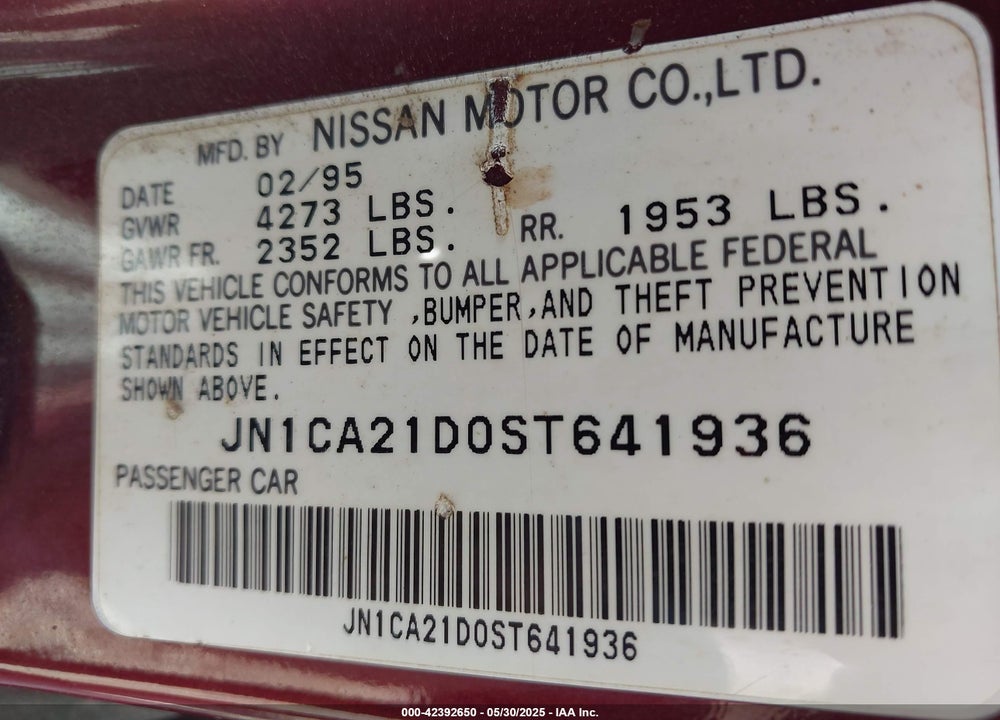 1995 NISSAN MAXIMA GLE/GXE/SE VIN: JN1CA21D0ST641936