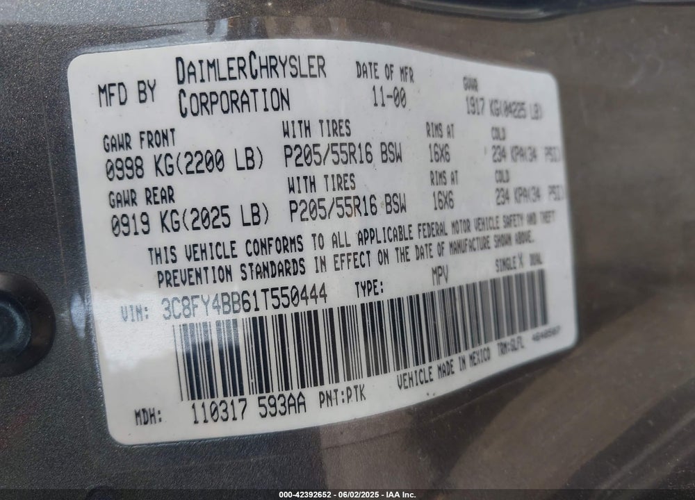 2001 CHRYSLER PT CRUISER VIN: 3C8FY4BB61T550444