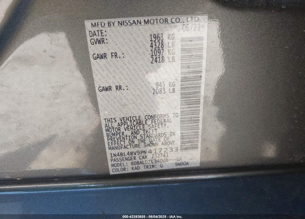2023 NISSAN ALTIMA VIN: 1N4BL4BV9PN417233