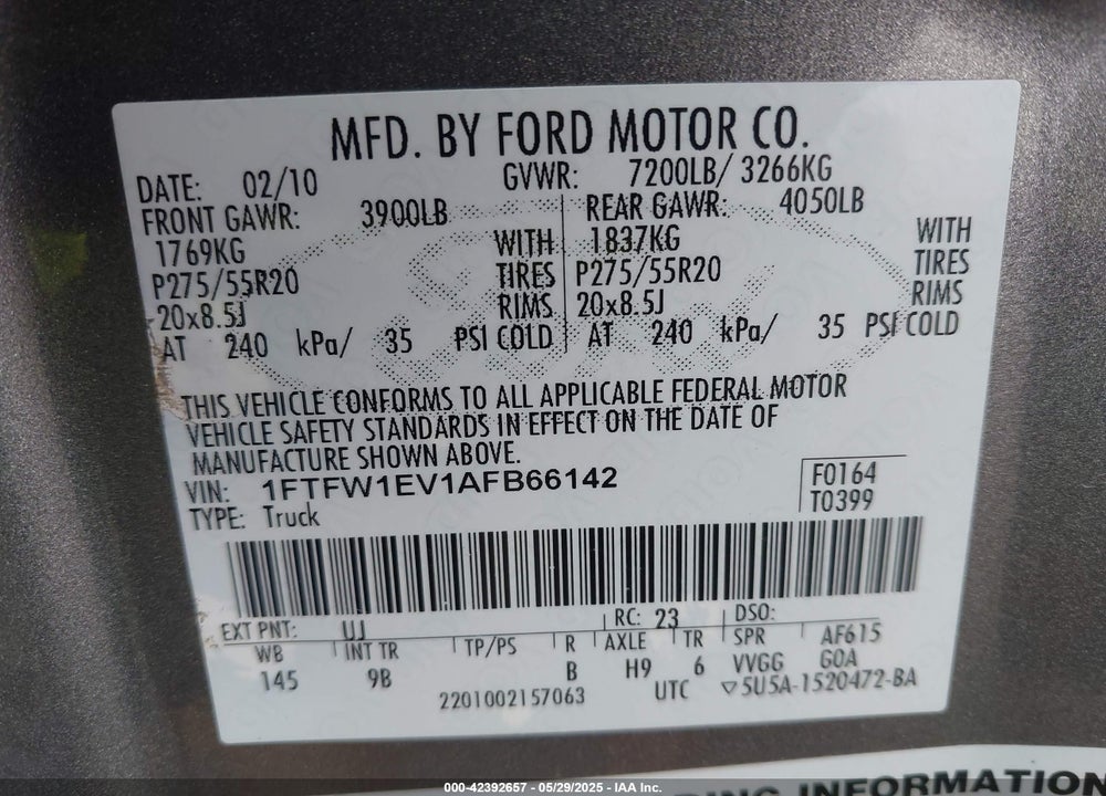 2010 FORD F-150 VIN: 1FTFW1EV1AFB66142