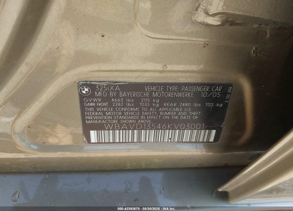 2006 BMW 325XI VIN: WBAVD13546KV03001