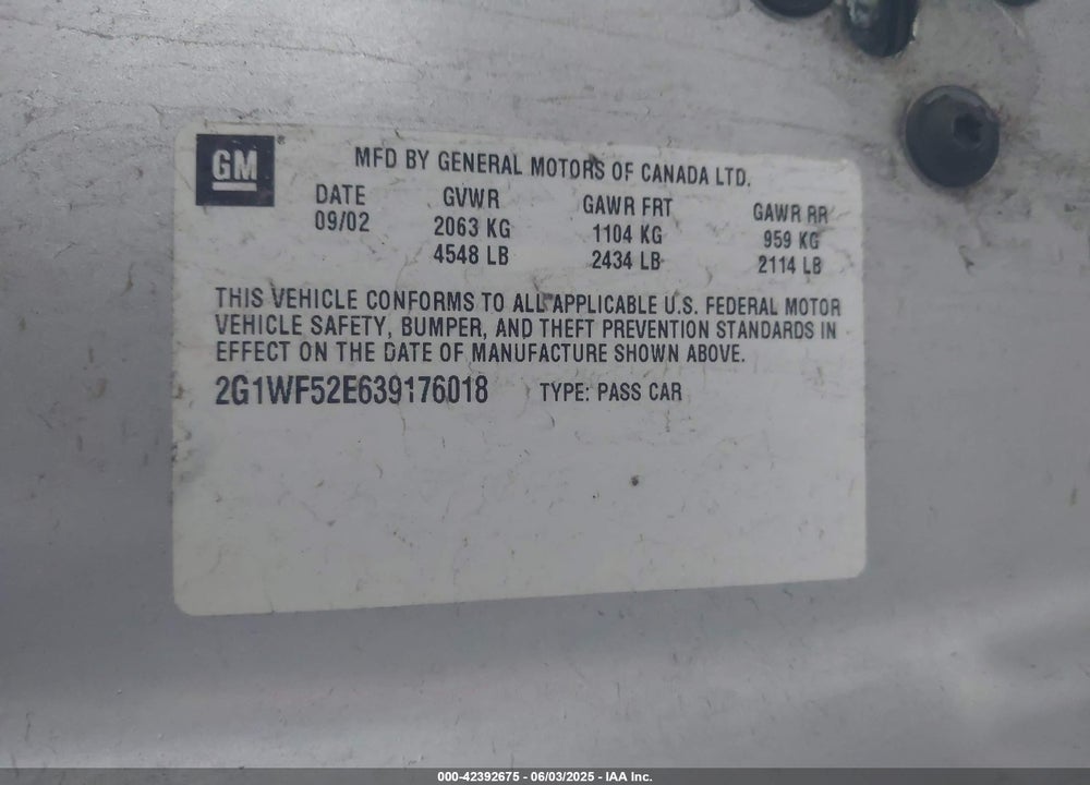 2003 CHEVROLET IMPALA VIN: 2G1WF52E639176018