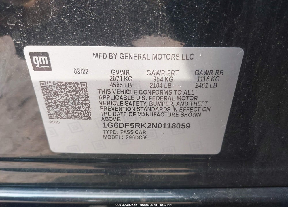 2022 CADILLAC CT4 VIN: 1G6DF5RK2N0118059
