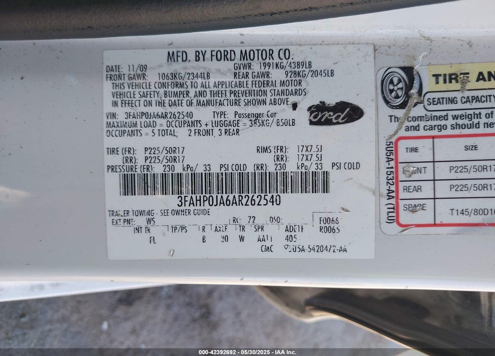 2010 FORD FUSION SEL VIN: 3FAHP0JA6AR262540