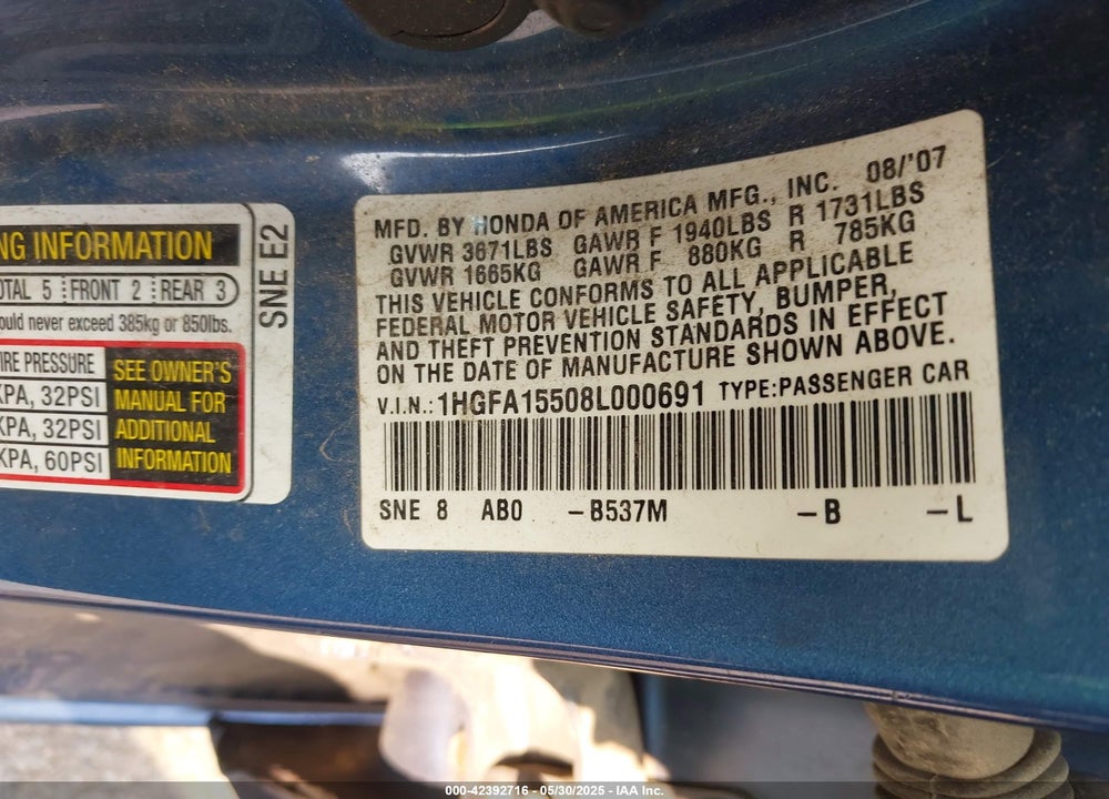 2008 HONDA CIVIC VIN: 1HGFA15508L000691