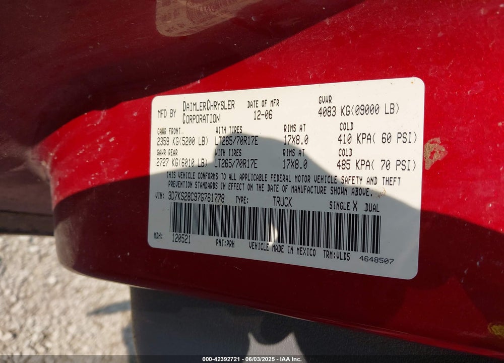 2007 DODGE RAM 2500 VIN: 3D7KS28C97G761778