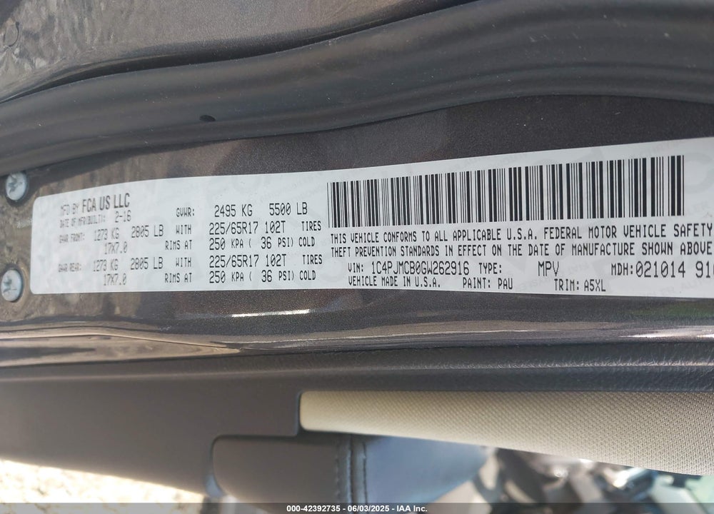 2016 JEEP CHEROKEE LATITUDE VIN: 1C4PJMCB0GW262916