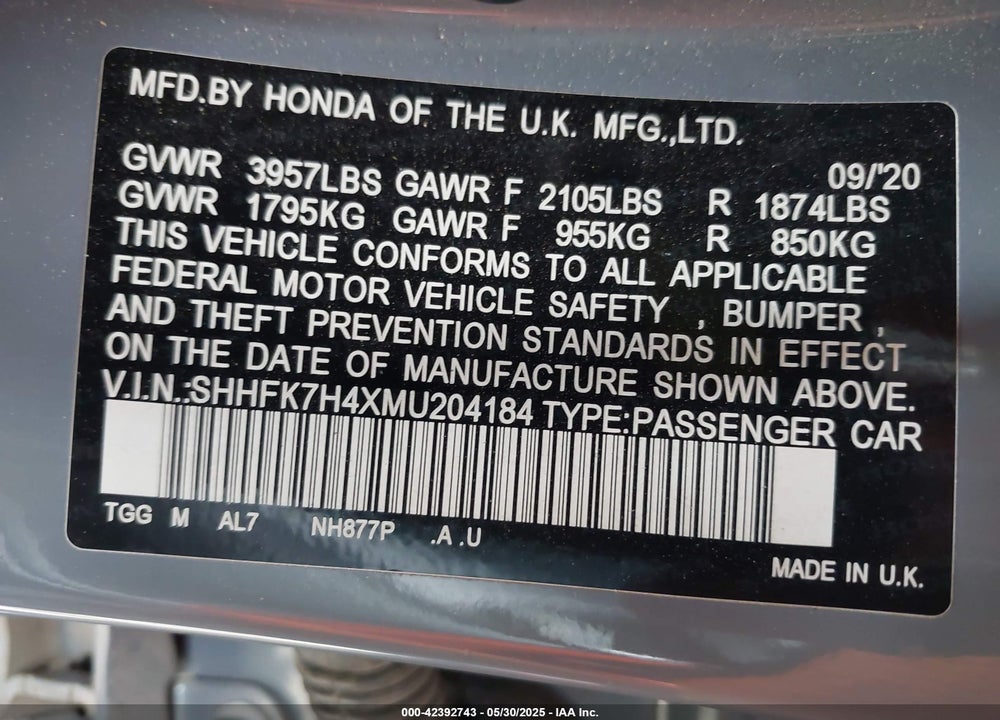 2021 HONDA CIVIC SPORT VIN: SHHFK7H4XMU204184