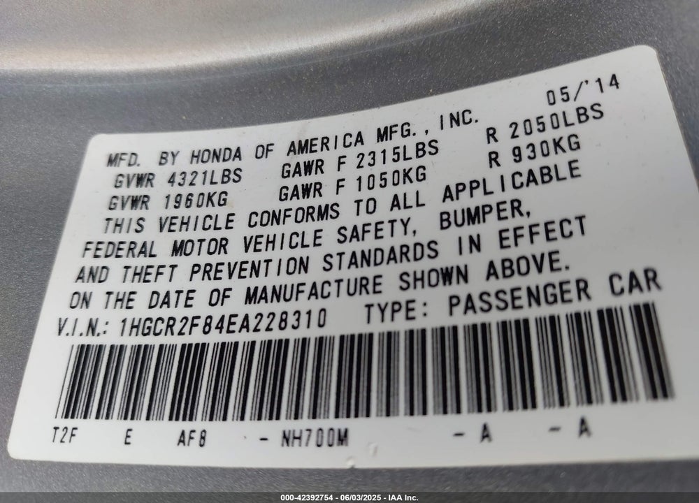 2014 HONDA ACCORD EX-L VIN: 1HGCR2F84EA228310