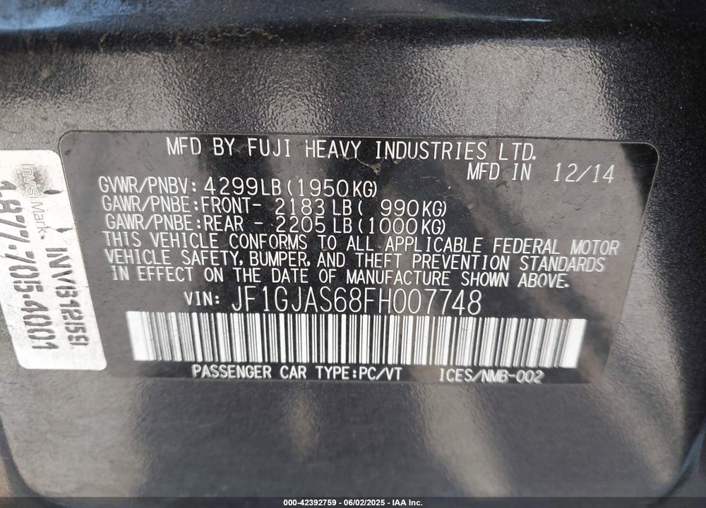 2015 SUBARU IMPREZA VIN: JF1GJAS68FH007748