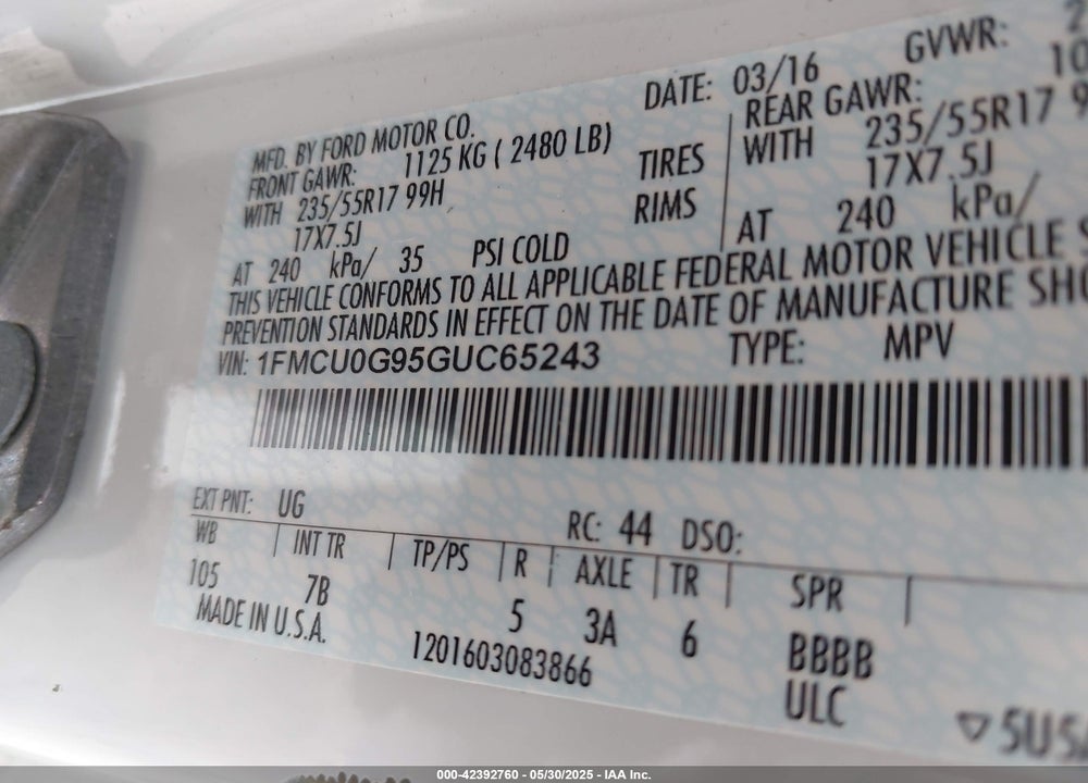 2016 FORD ESCAPE VIN: 1FMCU0G95GUC65243