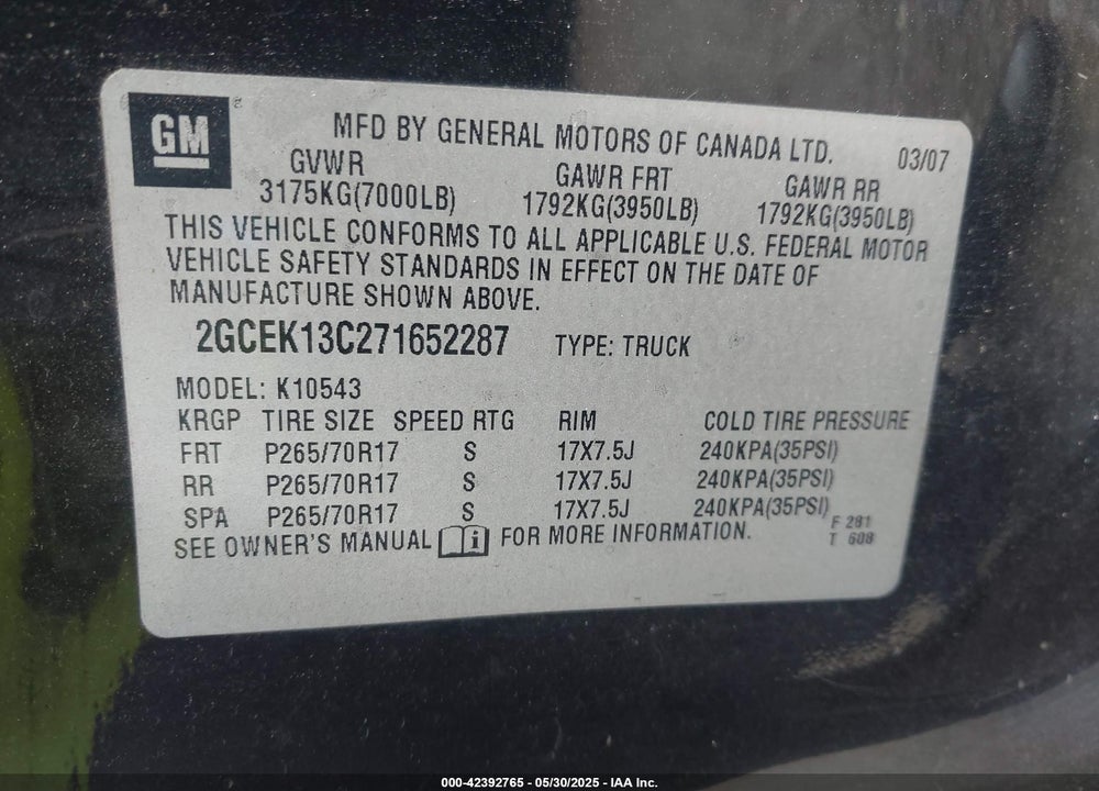 2007 CHEVROLET SILVERADO 1500 VIN: 2GCEK13C271652287