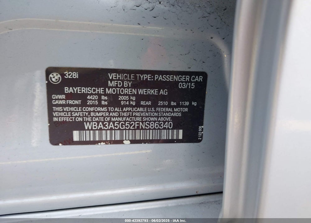 2015 BMW 328 I VIN: WBA3A5G52FNS86340