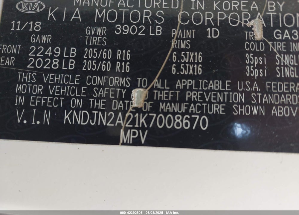 2019 KIA SOUL VIN: KNDJN2A21K7008670