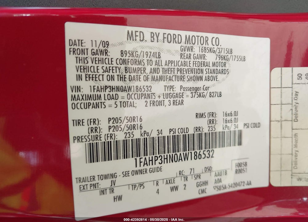2010 FORD FOCUS VIN: 1FAHP3HN0AW186532