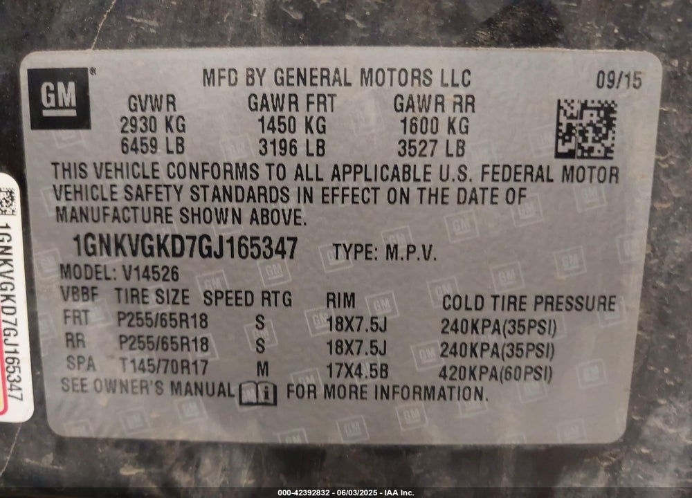 2016 CHEVROLET TRAVERSE VIN: 1GNKVGKD7GJ165347