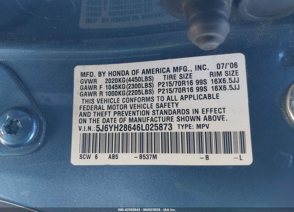 2006 HONDA ELEMENT VIN: 5J6YH28646L025873