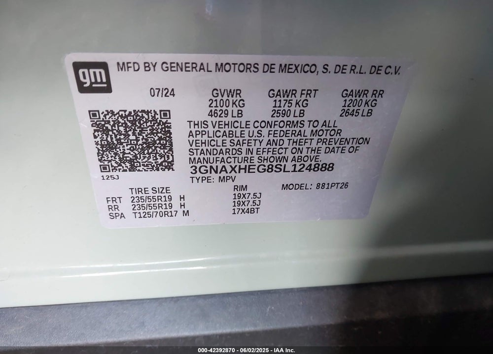 2025 CHEVROLET EQUINOX VIN: 3GNAXHEG8SL124888