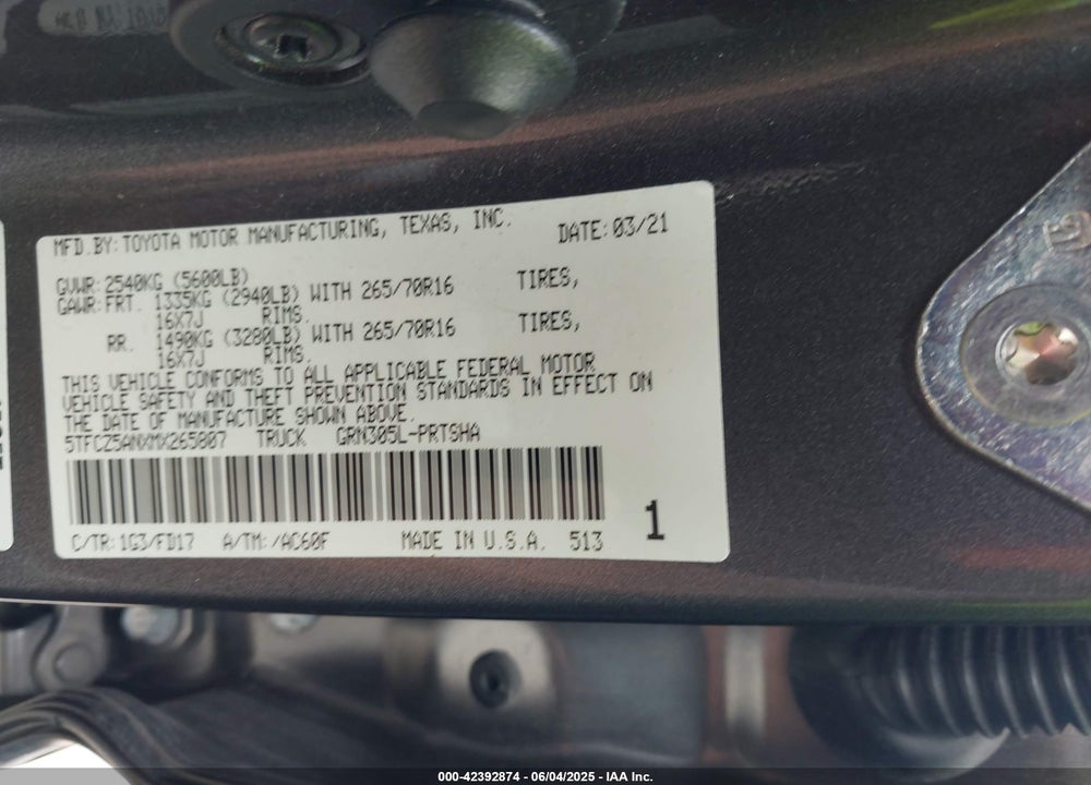 2021 TOYOTA TACOMA VIN: 5TFCZ5ANXMX265807
