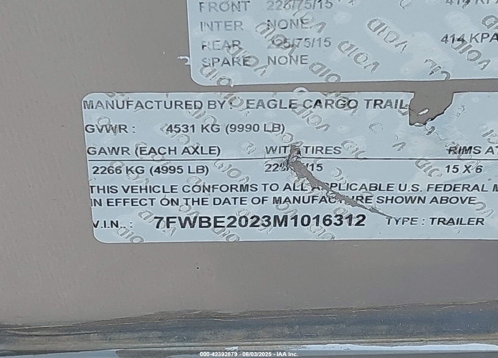 2021 EAGL 8 5X20TA3 VIN: 7FWBE2023M1016312