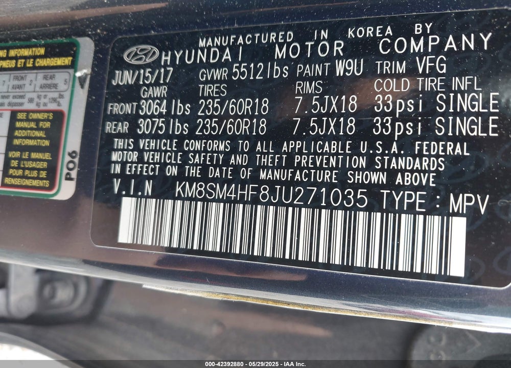 2018 HYUNDAI SANTA FE VIN: KM8SM4HF8JU271035