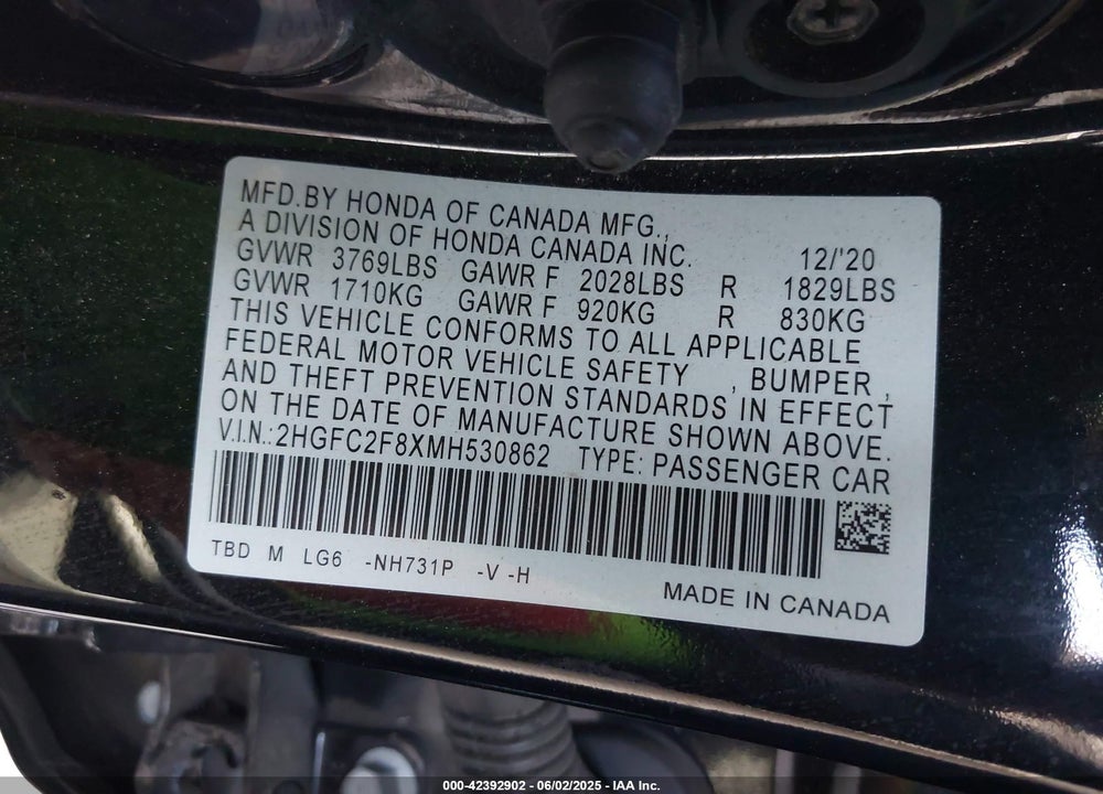 2021 HONDA CIVIC VIN: 2HGFC2F8XMH530862