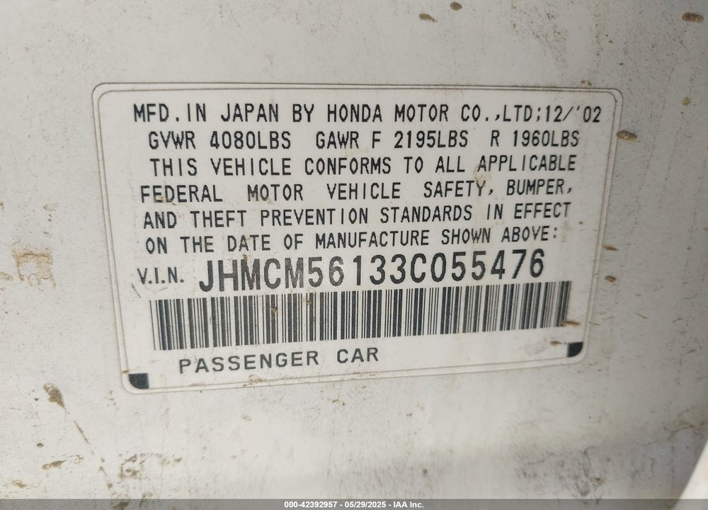 2003 HONDA ACCORD VIN: JHMCM56133C055476