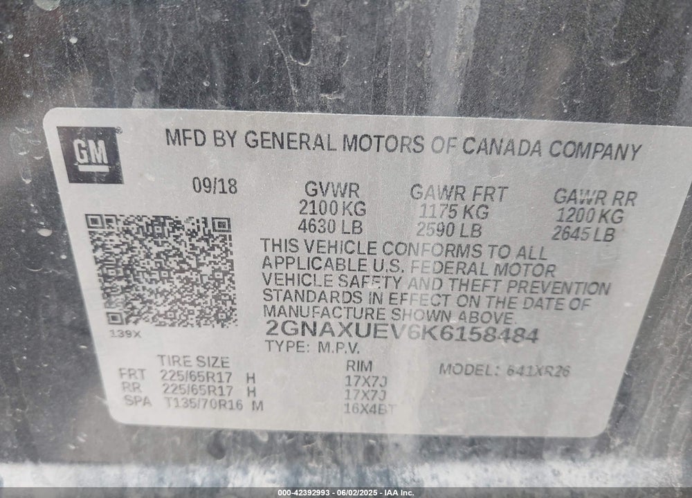 2019 CHEVROLET EQUINOX VIN: 2GNAXUEV6K6158484