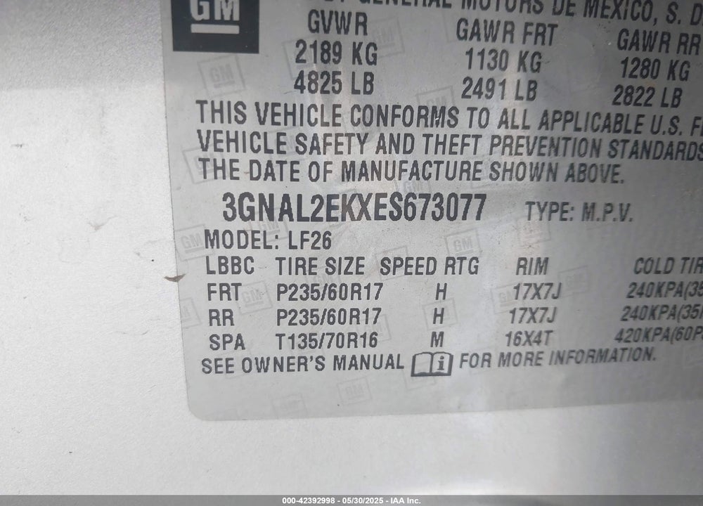 2014 CHEVROLET CAPTIVA SPORT VIN: 3GNAL2EKXES673077