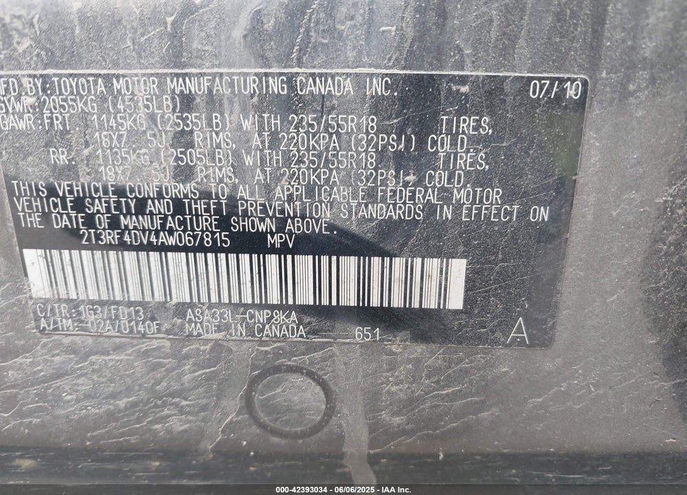 2010 TOYOTA RAV4 VIN: 2T3RF4DV4AW067815