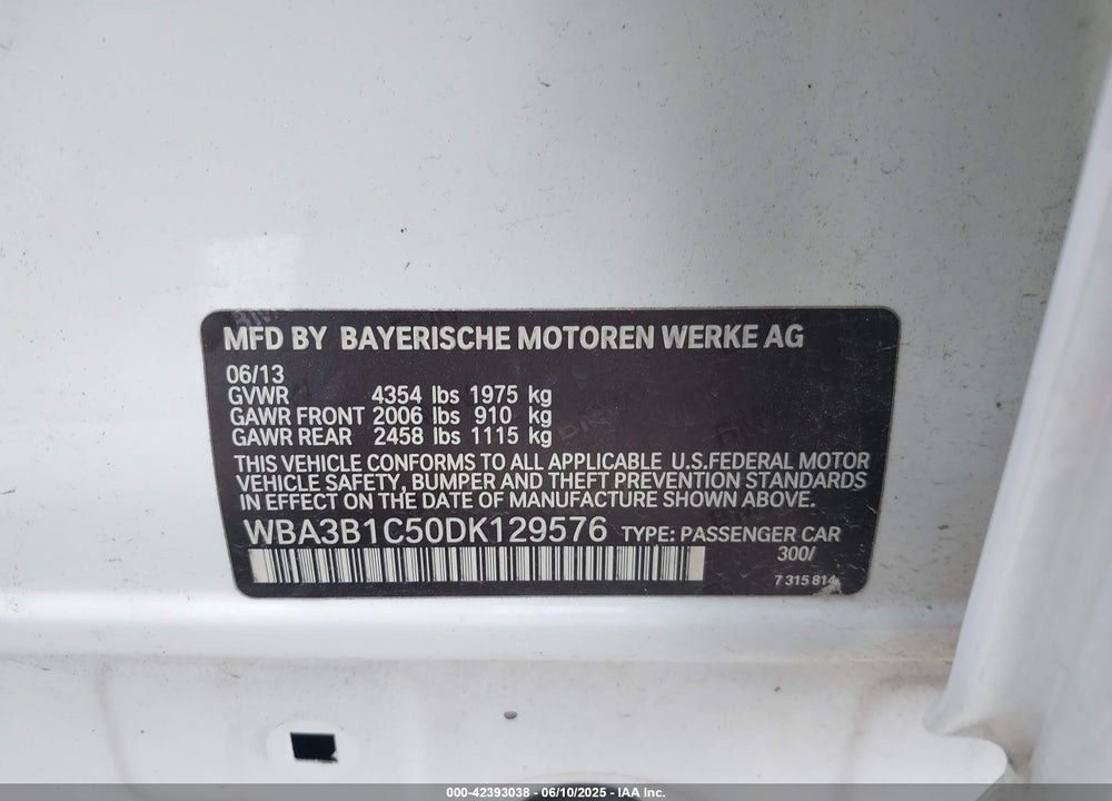 2013 BMW 320I VIN: WBA3B1C50DK129576