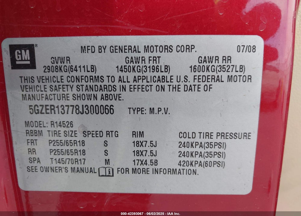 2008 SATURN OUTLOOK XE VIN: 5GZER13778J300066