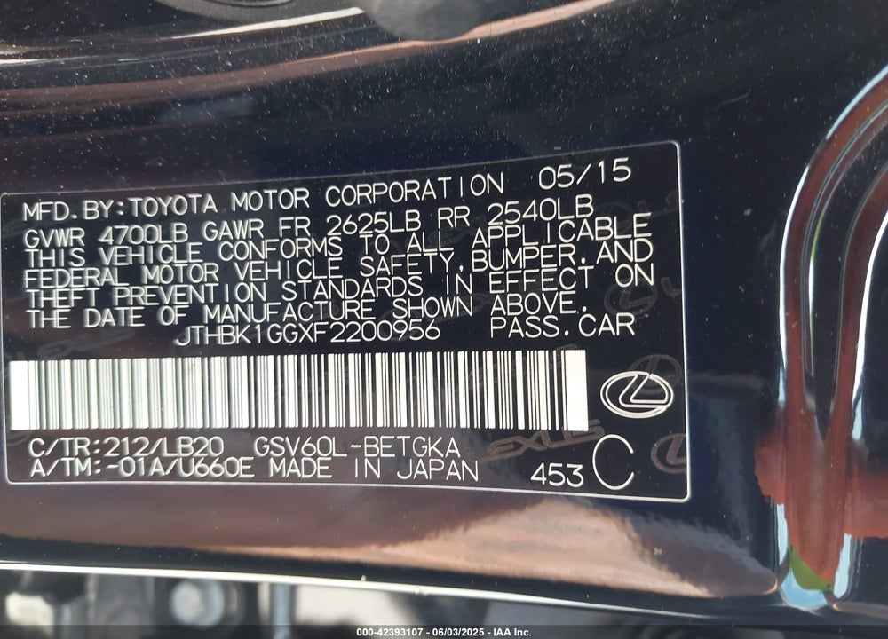2015 LEXUS ES350 VIN: JTHBK1GGXF2200956