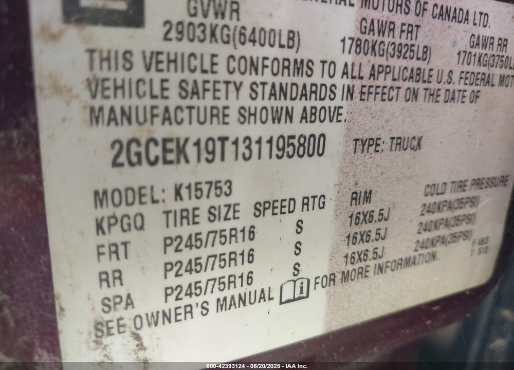 2003 CHEVROLET SILVERADO 1500 LS VIN: 2GCEK19T131195800