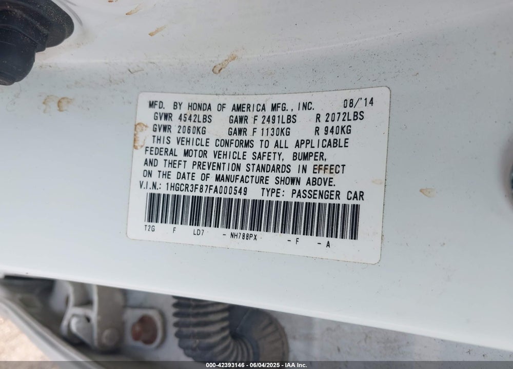 2015 HONDA ACCORD VIN: 1HGCR3F87FA000549