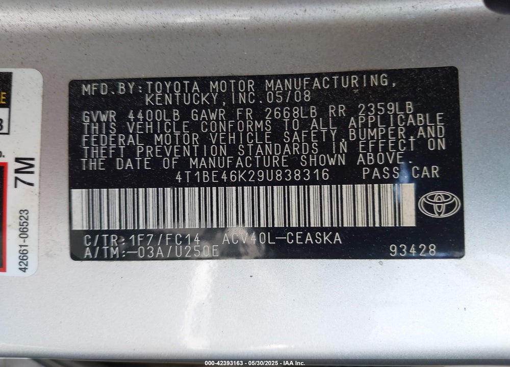 2009 TOYOTA CAMRY VIN: 4T1BE46K29U838316