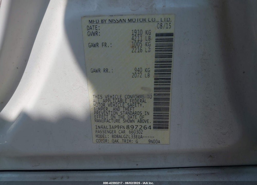 2015 NISSAN ALTIMA VIN: 1N4AL3AP9FN897264