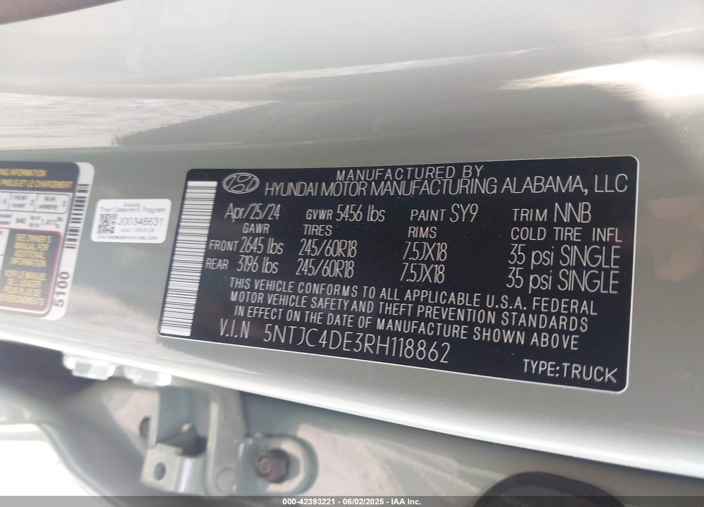 2024 HYUNDAI SANTA CRUZ VIN: 5NTJC4DE3RH118862