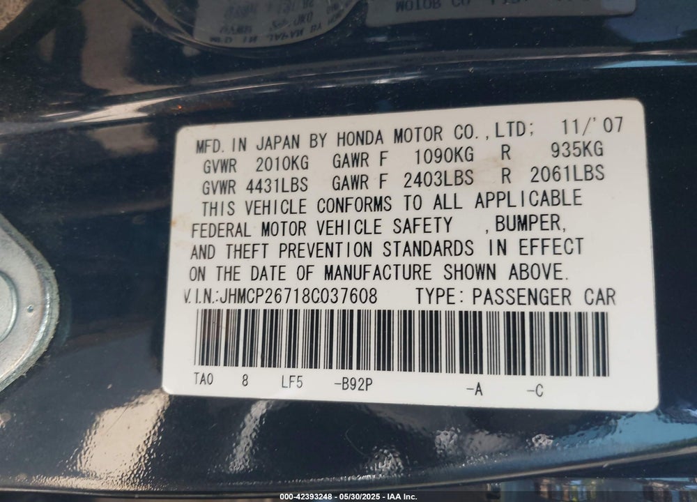 2008 HONDA ACCORD 2.4 EX VIN: JHMCP26718C037608