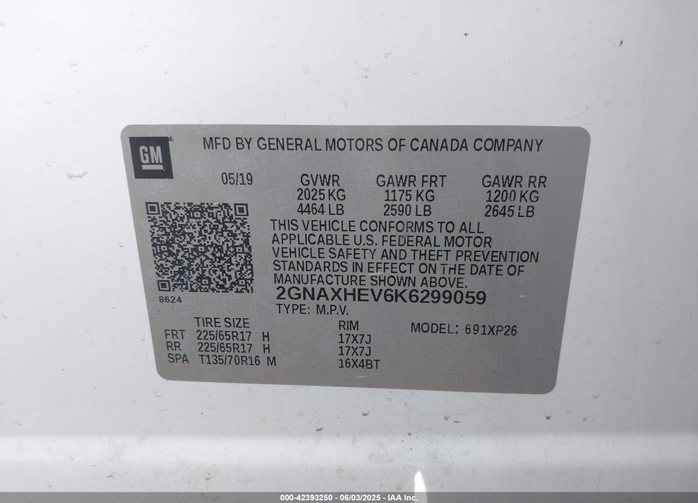 2019 CHEVROLET EQUINOX VIN: 2GNAXHEV6K6299059