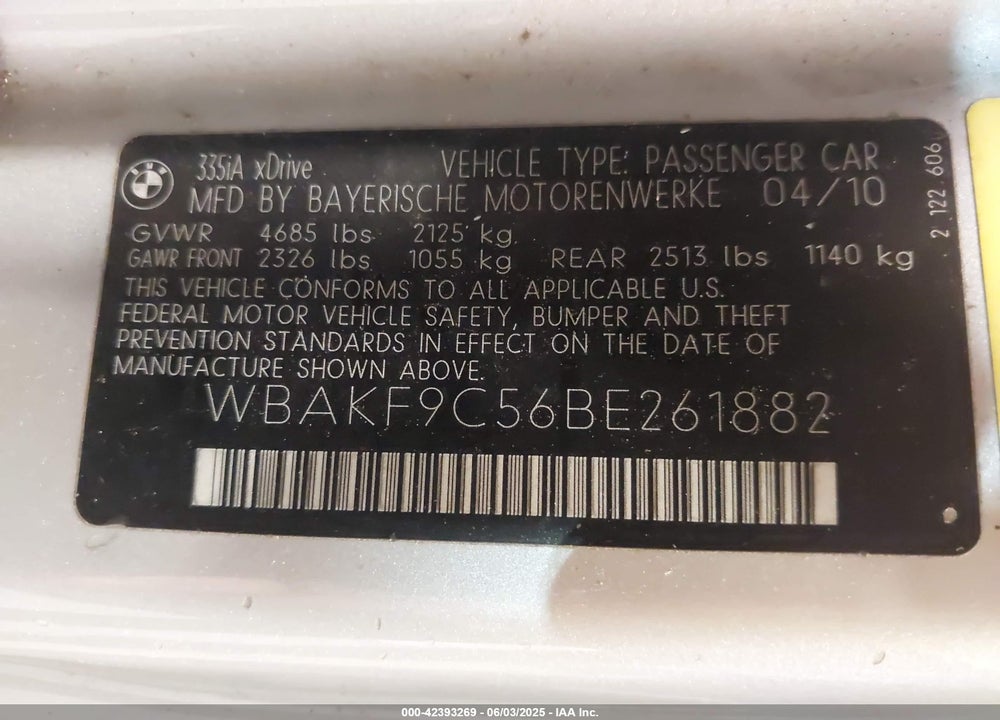 2011 BMW 335I XDRIVE VIN: WBAKF9C56BE261882