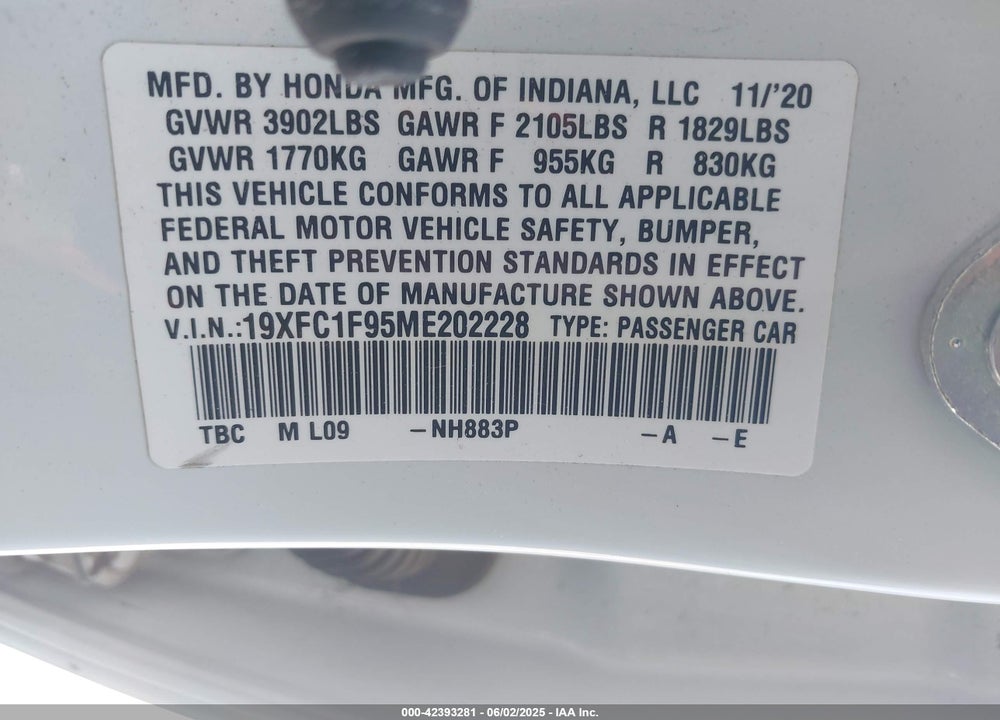 2021 HONDA CIVIC VIN: 19XFC1F95ME202228